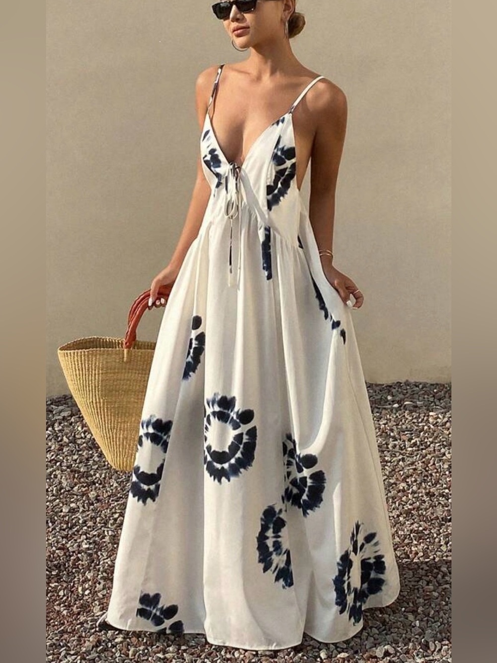 Ivesso White Tie-Dye Maxi Dress with Spaghetti Straps